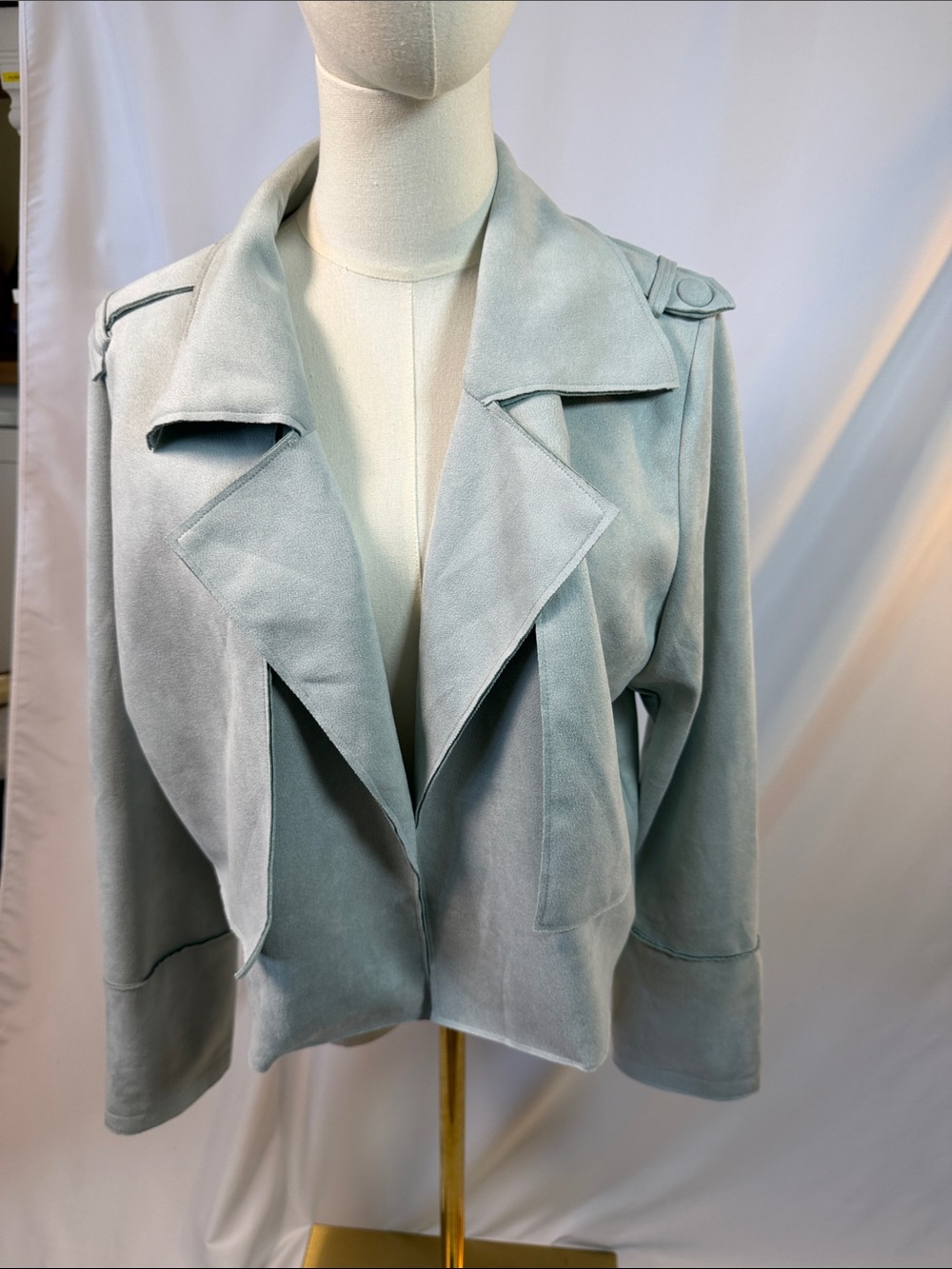 NWOT FATE Women's Light Sage Suede-Feel Open Front Jacket